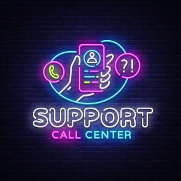 Support neon sign vector. Call Center Design template neon sign, light banner Stock Illustration