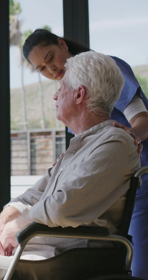 Support, nurse or old man with wheelchair by window for thinking, comfort or Stock Footage 334935657