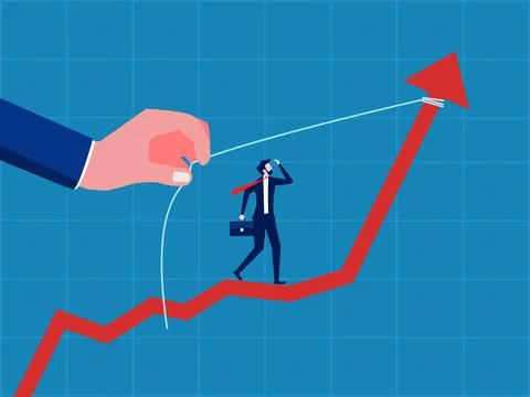 Support or help increase income. Businessman standing in helping hand pulli.. Illustrazione stock