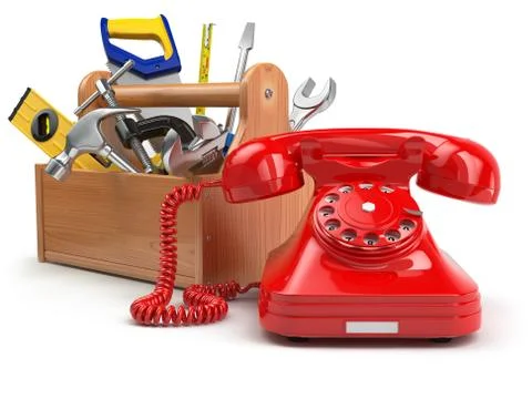 Support or service concept. Toolbox with telephone on white isolated backgrou Stock-Illustration