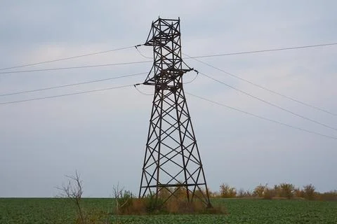Support of overhead power lines among the green field, power support in rural Foto stock