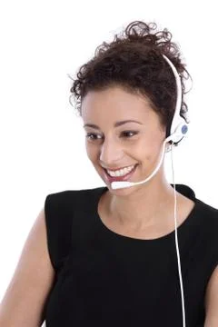 Support phone operator with headset: isolated young business woman. Stock Photos