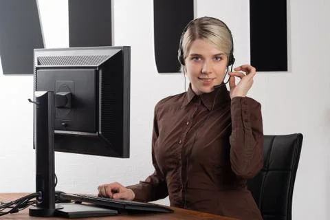 Support phone operator in headset, isolated on white. Stock Photos