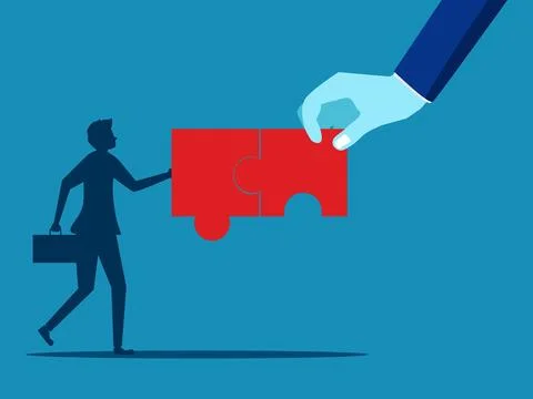 Support, problem solving. Businessmen help put together a puzzle with big han Illustrazione stock