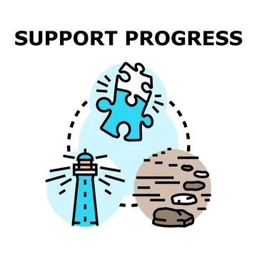 Support progress concept with lighthouse, puzzle, and stepping stones Stock Illustration