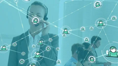 Support rep adjusting headset and speaking initiating animated network linking Stock Footage 330767855