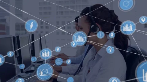 Support rep typing while blue node emerging, network layering across agents' Stock Footage 332625754