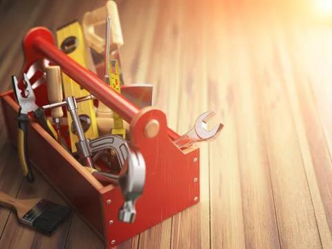 Support service concept. Toolbox with tools on wooden background. Constructio Stockillustratie