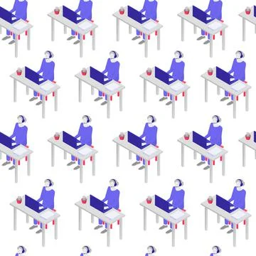 Support service consultation isometric seamless pattern. Character in blue Illustrazione stock