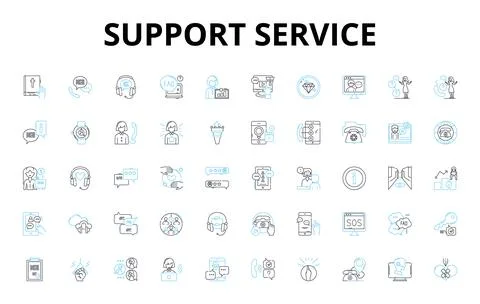 Support service linear icons set. Assistance, Help, Aid, Guidance, Counseling Ilustración de archivo