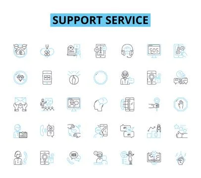 Support service linear icons set. Assistance, Help, Aid, Guidance, Counseling Ilustración de archivo