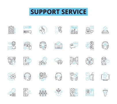 Support service linear icons set. Assistance, Help, Aid, Guidance, Counseling Ilustración de archivo