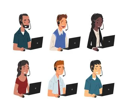 Support service operators or hotline workers with headsets consulting customers Illustrazione stock
