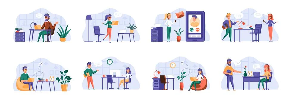 Support service scenes bundle with people characters. Stock Illustration