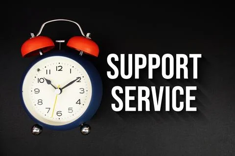 Support Service text with alarm clock on black background Stock Photos