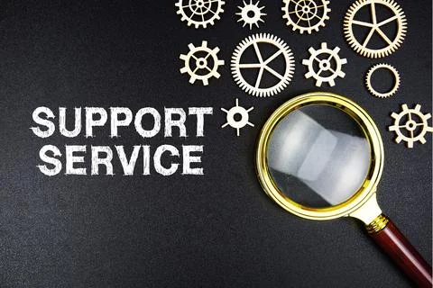 Support Service text message with magnifying glass on black background Foto stock
