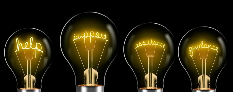 Support services concept. support word in the bulb and bright Stock Illustration