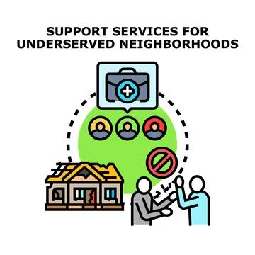 Support services helping underserved neighborhood residents facing problems Stock Illustration