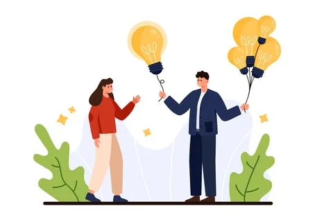 Support in solving problem, share new idea, tiny man holding light bulbs to give Illustrazione stock