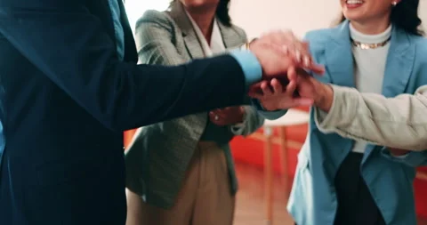 Support, stack and hands of business people in office for motivation, company Stock Footage 336298239