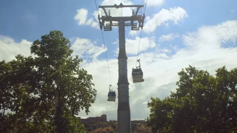 Support structure of cableway can be seen from below, holding the cable on which Stock Footage 283194671