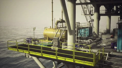 Support systems enabling afterdark work on oil platforms at sea Stock Footage 335102787