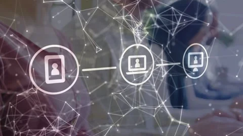 Support team typing keys bringing network overlay, speaking into headset showing Stock Footage 333211648