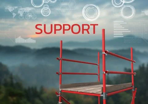 Support Text with 3D Scaffolding and technology interface landscape Stock Photos