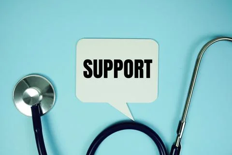 Support text with stethoscope on blue background, Healthy and wellness concep Stock Photos
