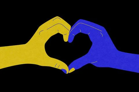 Support Ukraine. Hands heart shape Ukrainian colors, blue yellow flat hands Stock Illustration