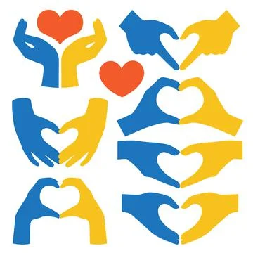 Support Ukraine. Hands heart shape Ukrainian colors, blue yellow flat hands Stock Illustration