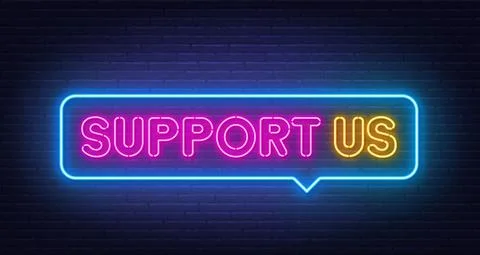 Support Us neon sign in the speech bubble on brick wall background. Stock-Illustration