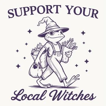 Support your local witches frog design witch hat cute halloween t shirt gra.. Stock Illustration