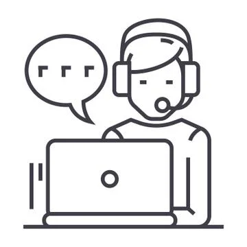 Support,customer service,man with computer and headset and chat vector line icon Stock Illustration