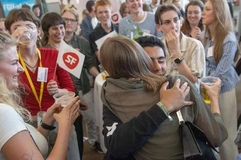  Supporters of the Green Left react after the release of the exit poll res... 스톡 사진