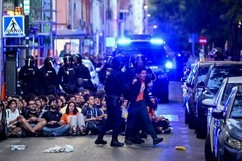 Supporters protest to prevent eviction of an 87-year-old woman in Madrid, Spain  Stock Photos