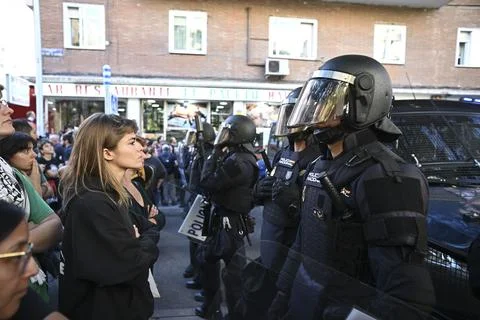 Supporters protest to prevent eviction of an 87-year-old woman in Madrid, Spain  Stock Photos
