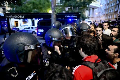 Supporters protest to prevent eviction of an 87-year-old woman in Madrid, Spain  Stock Photos