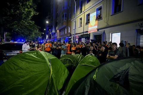 Supporters protest to prevent eviction of an 87-year-old woman in Madrid, Spain  Stock Photos