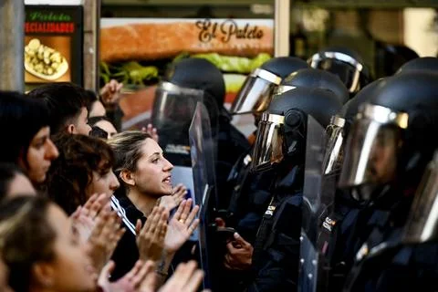 Supporters protest to prevent eviction of an 87-year-old woman in Madrid, Spain  Stock Photos