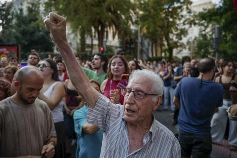 Supporters protest to prevent eviction of an 87-year-old woman in Madrid, Spain  Stock Photos