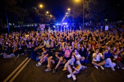 Supporters protest to prevent eviction of an 87-year-old woman in Madrid, Spain  Stock Photos