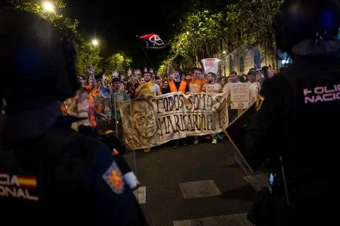 Supporters protest to prevent eviction of an 87-year-old woman in Madrid, Spain  Stock Photos