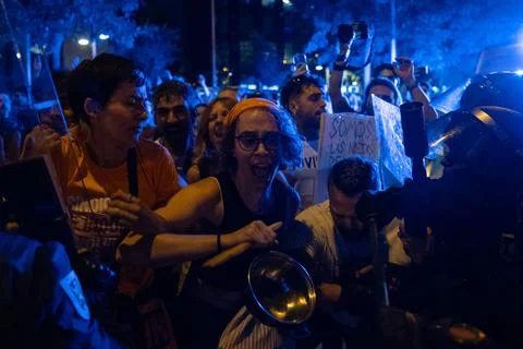 Supporters protest to prevent eviction of an 87-year-old woman in Madrid, Spain  Stock Photos