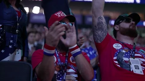 Supporters in red caps cheer on the convention floor, RNC Dallas 2026 Stock Footage 345274149