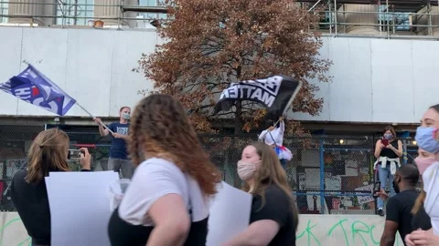 Supporters wave flags celebrating Joe Biden's presidency win, Washington DC Stock Footage 156415014
