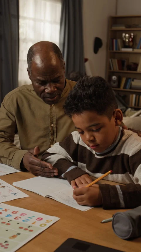 Supportive Black Dad Supervising Little Son Learning to Write Stock Footage 334969684