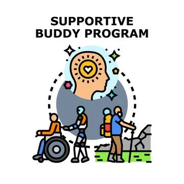 Supportive buddy program assisting disabled person in daily life 库存插图