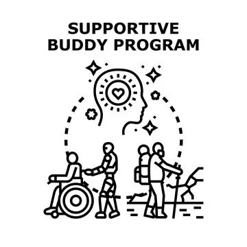 Supportive buddy program assisting disabled person in daily life Stock Illustration
