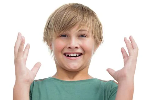 Suprised blonde boy with hands up Stock Photos